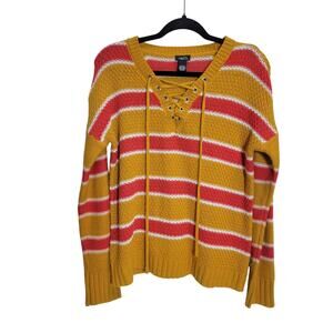 Rue 21 knit pullover sweater with stripes. Tie strings at the neck/collar. Med